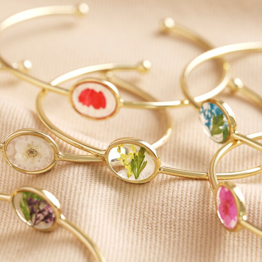 Pressed Birth Flower Bangle in Gold by Lisa Angel