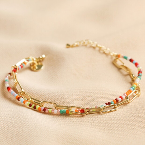 Rainbow Bead and Chain Layered Bracelet in Gold by Lisa Angel