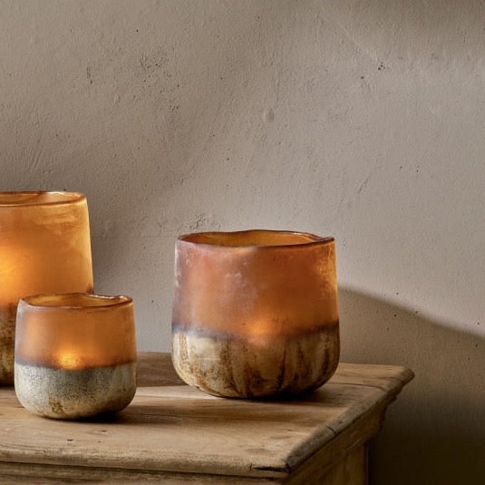 Ngolo Small Glass Tealight Holder in Antiqued Amber By Nkuku by Nkuku