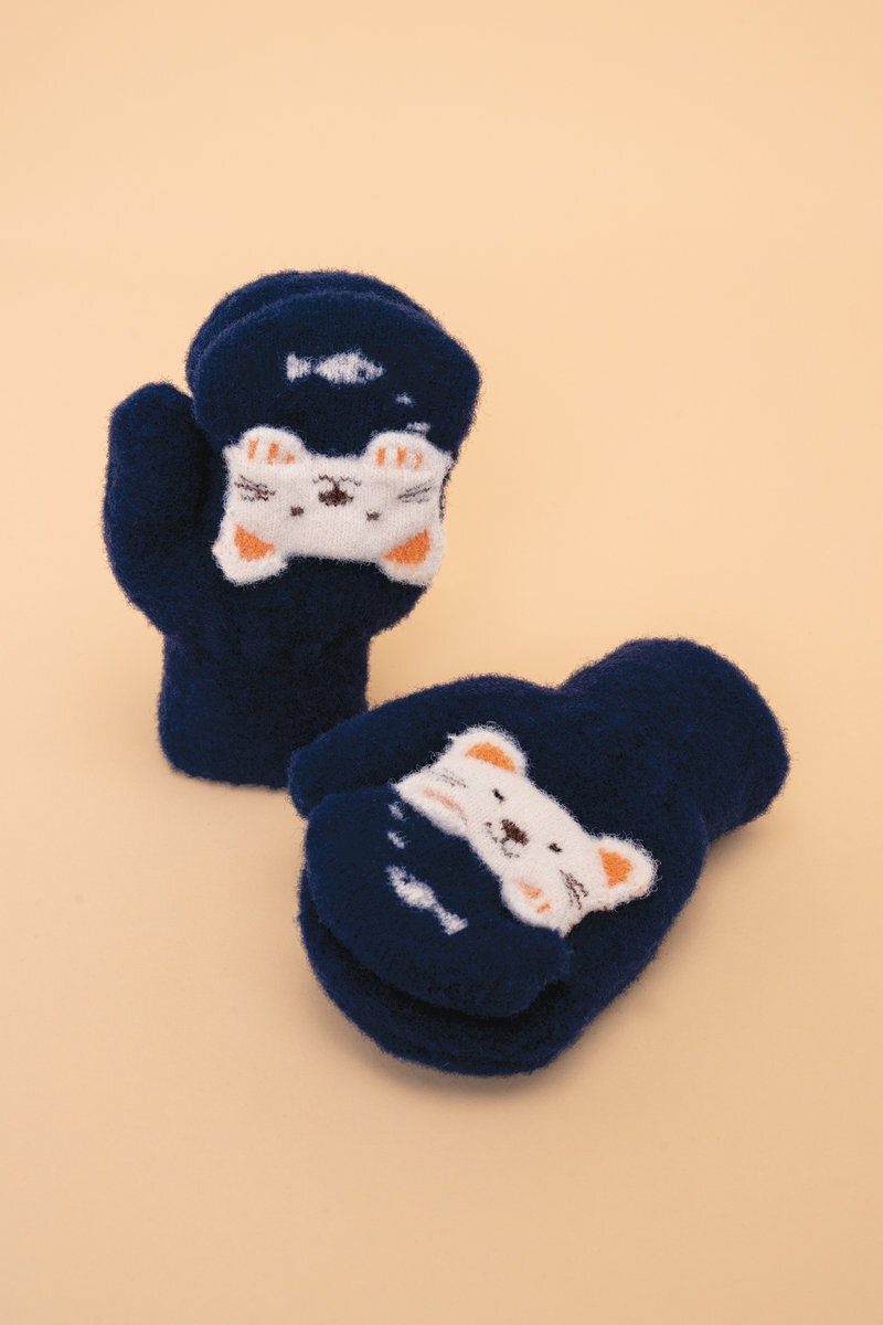 Kids Kitten Navy Mittens by Powder Design