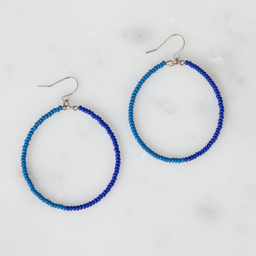 Dusky Blue and Cobalt Blue Duara Fairtrade Beaded Earrings by Bohemia Designs
