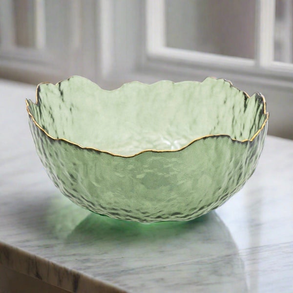 Large Green Glass Wavy Bowl With Gold Rim 20cm by Distinctly Living