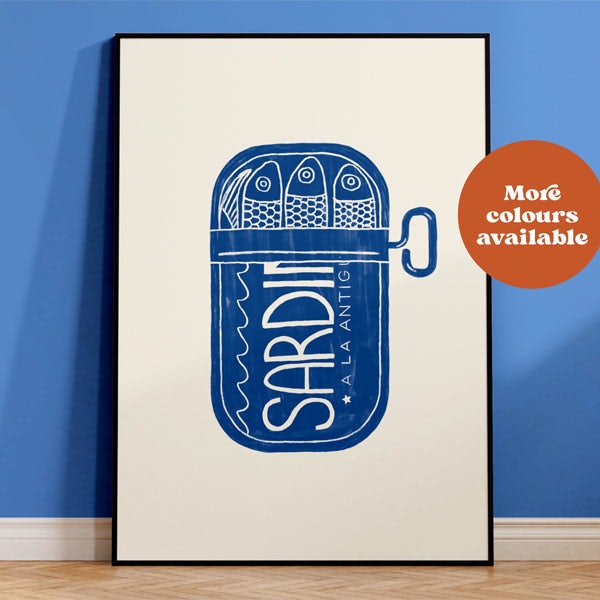 Sardines Linocut Print Cream And Blue A3 by TUSKcollection